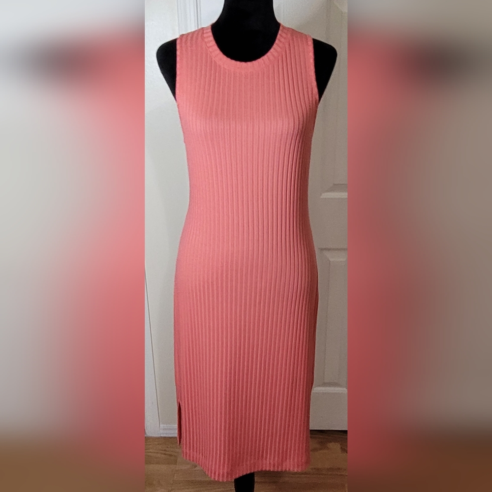 * Nine West Woman's Ribbed Crewneck Midi Dress Coral Size Large